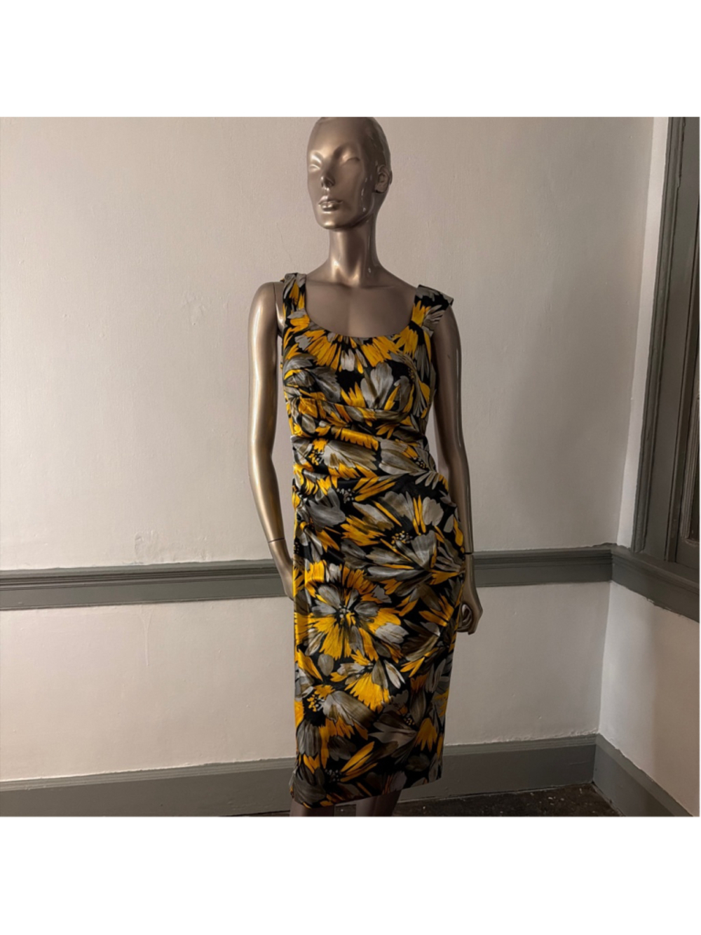 London Times Yellow and Black Floral Midi Dress Size 12